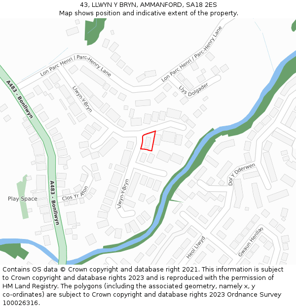 43, LLWYN Y BRYN, AMMANFORD, SA18 2ES: Location map and indicative extent of plot