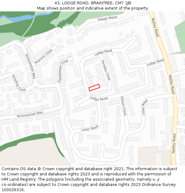 43, LODGE ROAD, BRAINTREE, CM7 1JB: Location map and indicative extent of plot