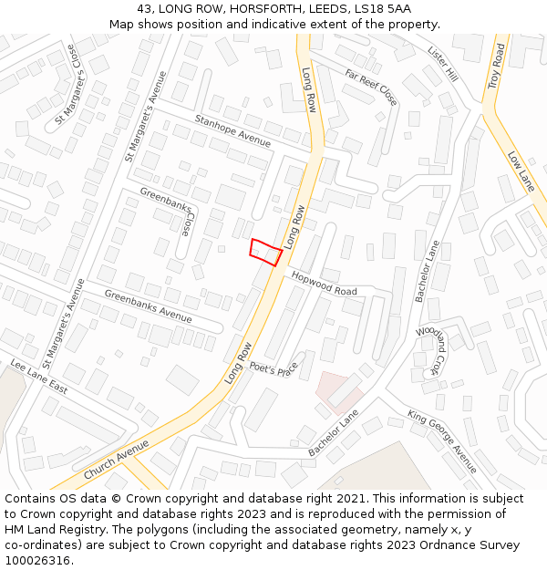 43, LONG ROW, HORSFORTH, LEEDS, LS18 5AA: Location map and indicative extent of plot