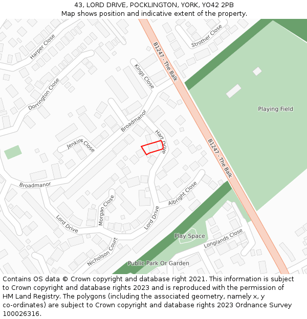 43, LORD DRIVE, POCKLINGTON, YORK, YO42 2PB: Location map and indicative extent of plot