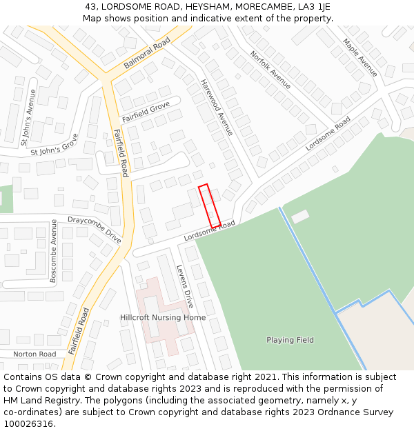 43, LORDSOME ROAD, HEYSHAM, MORECAMBE, LA3 1JE: Location map and indicative extent of plot