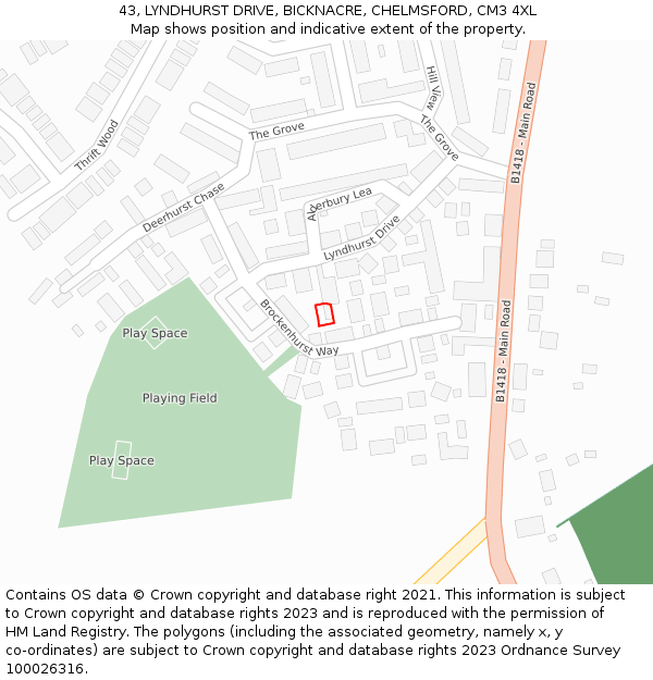 43, LYNDHURST DRIVE, BICKNACRE, CHELMSFORD, CM3 4XL: Location map and indicative extent of plot