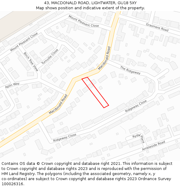 43, MACDONALD ROAD, LIGHTWATER, GU18 5XY: Location map and indicative extent of plot