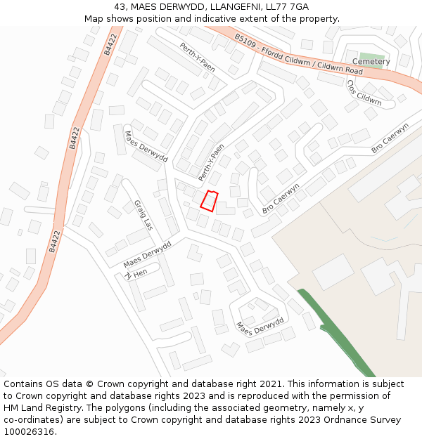 43, MAES DERWYDD, LLANGEFNI, LL77 7GA: Location map and indicative extent of plot