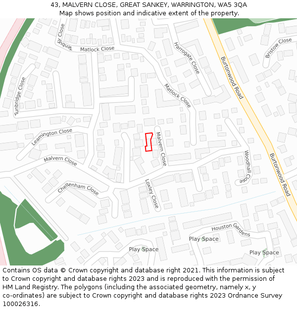 43, MALVERN CLOSE, GREAT SANKEY, WARRINGTON, WA5 3QA: Location map and indicative extent of plot