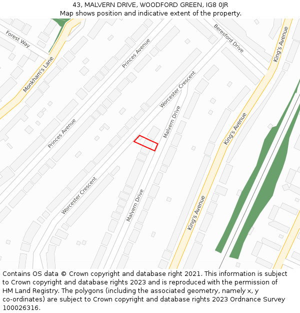 43, MALVERN DRIVE, WOODFORD GREEN, IG8 0JR: Location map and indicative extent of plot