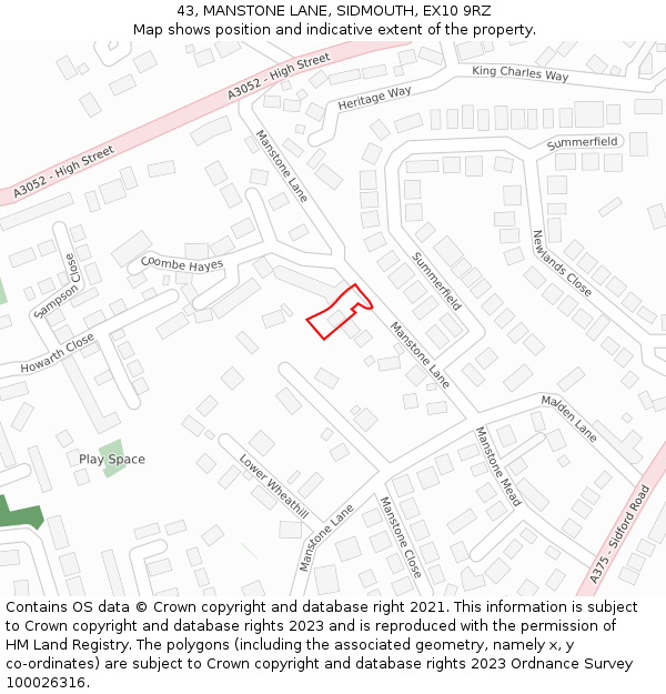 43, MANSTONE LANE, SIDMOUTH, EX10 9RZ: Location map and indicative extent of plot