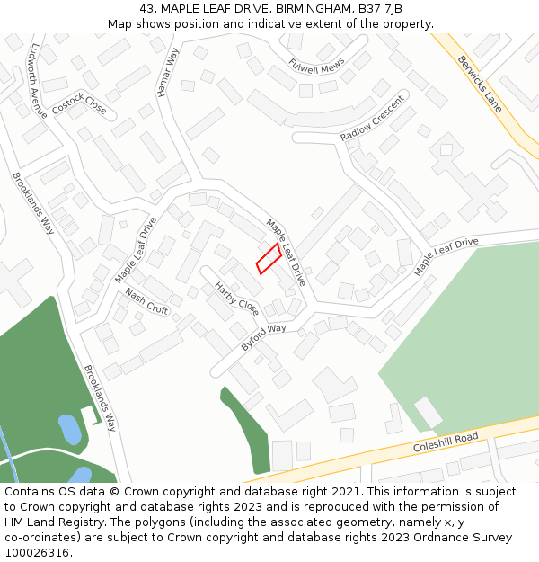 43, MAPLE LEAF DRIVE, BIRMINGHAM, B37 7JB: Location map and indicative extent of plot