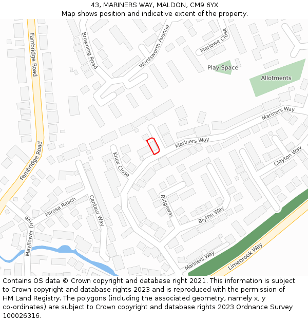 43, MARINERS WAY, MALDON, CM9 6YX: Location map and indicative extent of plot