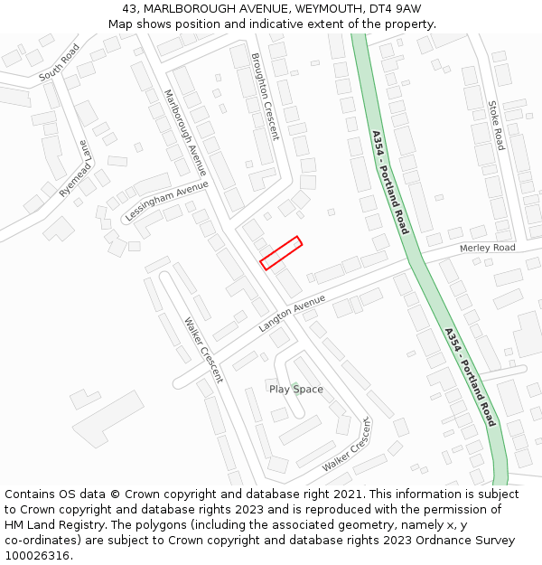 43, MARLBOROUGH AVENUE, WEYMOUTH, DT4 9AW: Location map and indicative extent of plot