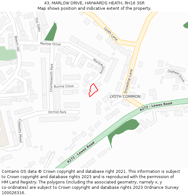 43, MARLOW DRIVE, HAYWARDS HEATH, RH16 3SR: Location map and indicative extent of plot