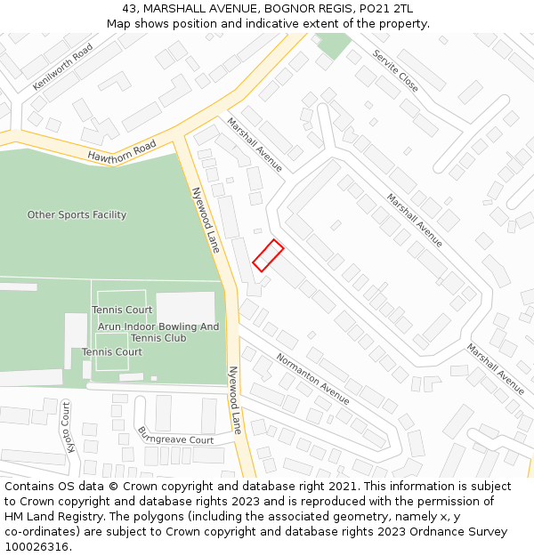 43, MARSHALL AVENUE, BOGNOR REGIS, PO21 2TL: Location map and indicative extent of plot