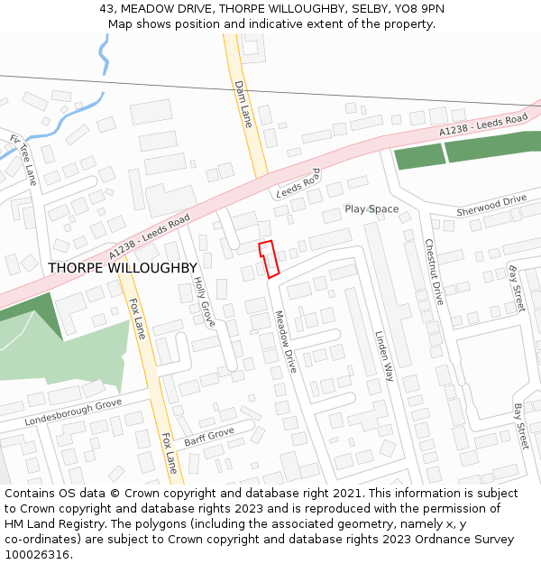 43, MEADOW DRIVE, THORPE WILLOUGHBY, SELBY, YO8 9PN: Location map and indicative extent of plot