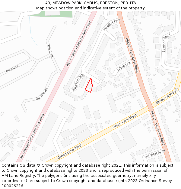 43, MEADOW PARK, CABUS, PRESTON, PR3 1TA: Location map and indicative extent of plot