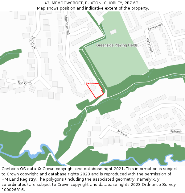 43, MEADOWCROFT, EUXTON, CHORLEY, PR7 6BU: Location map and indicative extent of plot