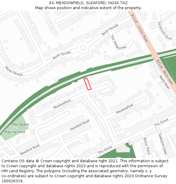 43, MEADOWFIELD, SLEAFORD, NG34 7AZ: Location map and indicative extent of plot