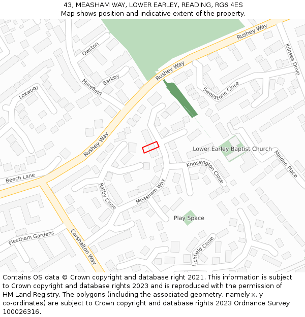 43, MEASHAM WAY, LOWER EARLEY, READING, RG6 4ES: Location map and indicative extent of plot