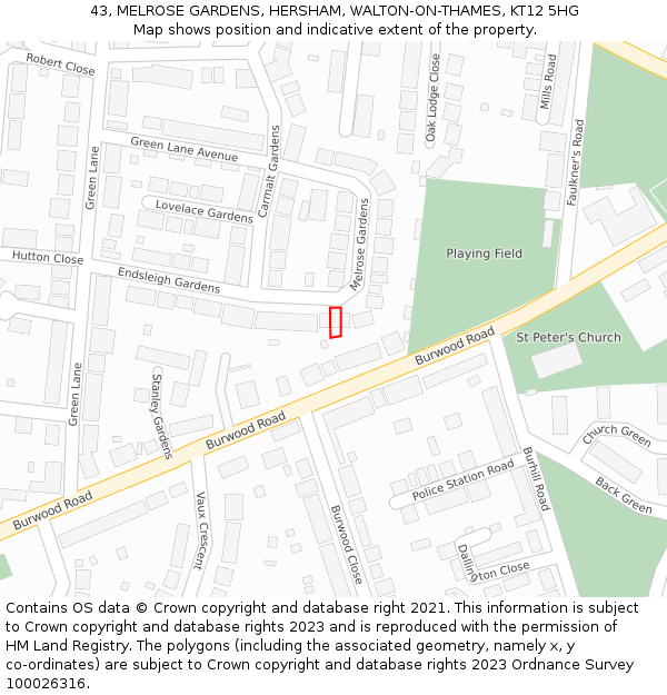 43, MELROSE GARDENS, HERSHAM, WALTON-ON-THAMES, KT12 5HG: Location map and indicative extent of plot