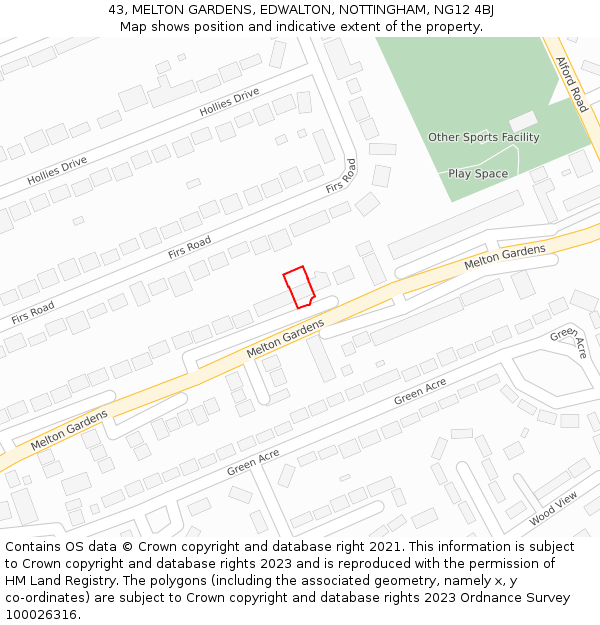 43, MELTON GARDENS, EDWALTON, NOTTINGHAM, NG12 4BJ: Location map and indicative extent of plot