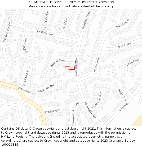 43, MERRYFIELD DRIVE, SELSEY, CHICHESTER, PO20 0DS: Location map and indicative extent of plot
