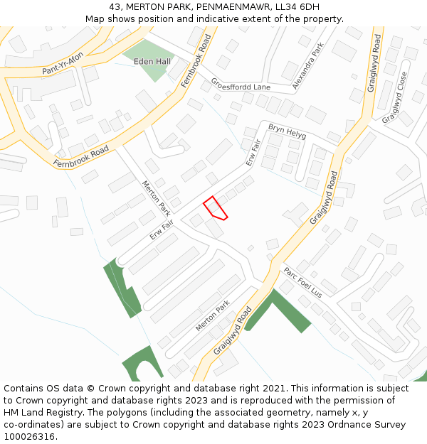 43, MERTON PARK, PENMAENMAWR, LL34 6DH: Location map and indicative extent of plot