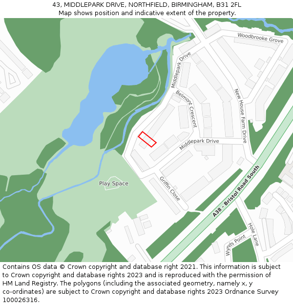 43, MIDDLEPARK DRIVE, NORTHFIELD, BIRMINGHAM, B31 2FL: Location map and indicative extent of plot