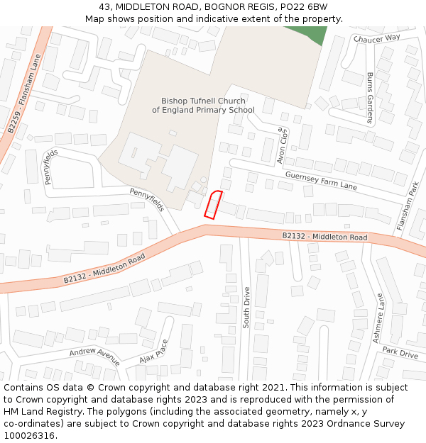 43, MIDDLETON ROAD, BOGNOR REGIS, PO22 6BW: Location map and indicative extent of plot