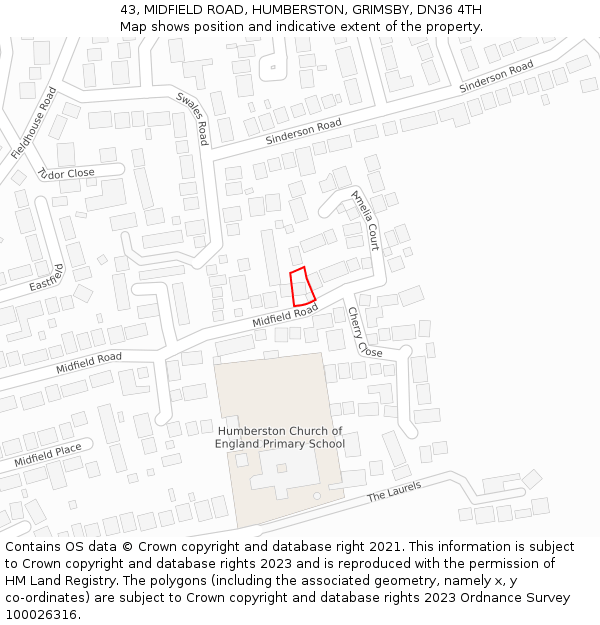 43, MIDFIELD ROAD, HUMBERSTON, GRIMSBY, DN36 4TH: Location map and indicative extent of plot