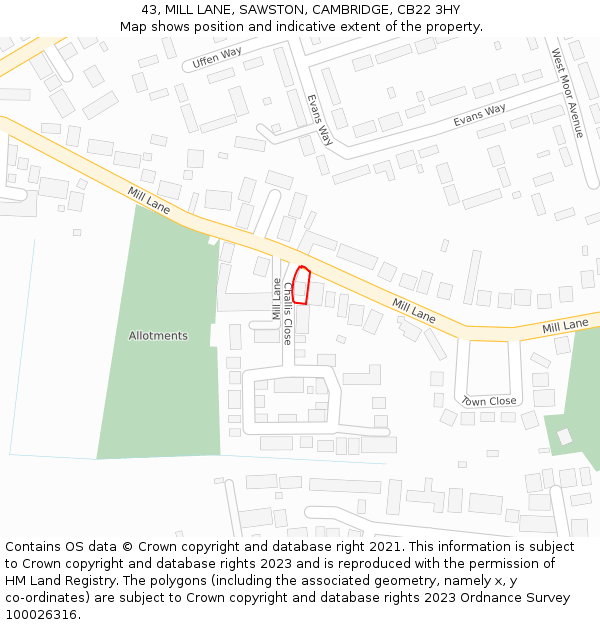 43, MILL LANE, SAWSTON, CAMBRIDGE, CB22 3HY: Location map and indicative extent of plot