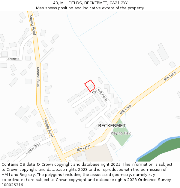 43, MILLFIELDS, BECKERMET, CA21 2YY: Location map and indicative extent of plot