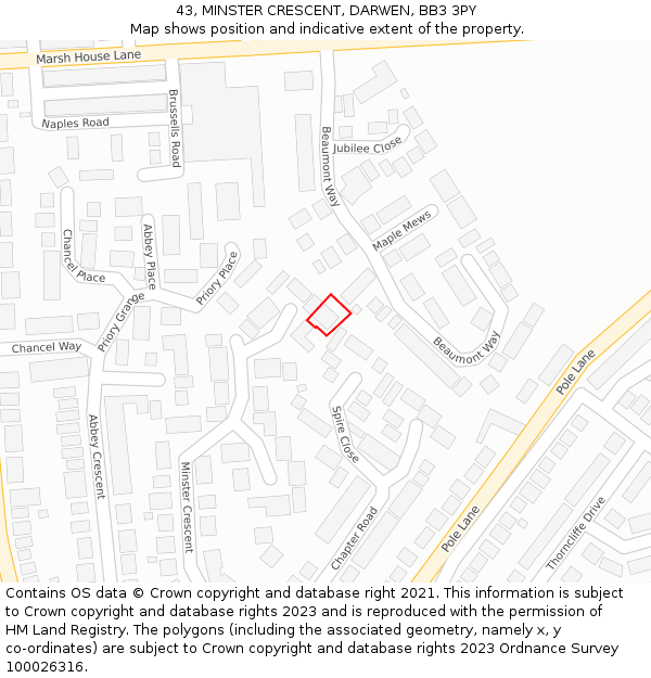 43, MINSTER CRESCENT, DARWEN, BB3 3PY: Location map and indicative extent of plot