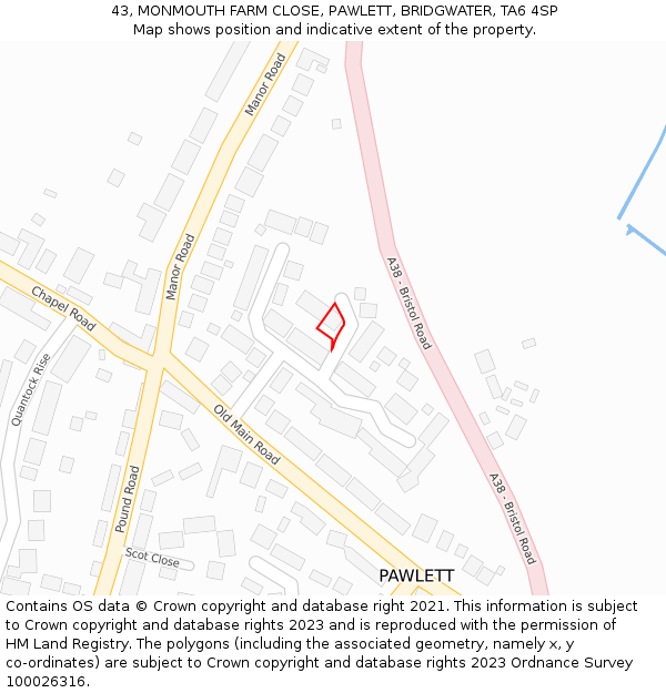 43, MONMOUTH FARM CLOSE, PAWLETT, BRIDGWATER, TA6 4SP: Location map and indicative extent of plot