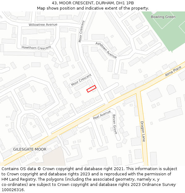 43, MOOR CRESCENT, DURHAM, DH1 1PB: Location map and indicative extent of plot