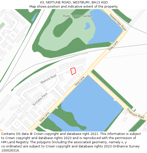 43, NEPTUNE ROAD, WESTBURY, BA13 4GD: Location map and indicative extent of plot