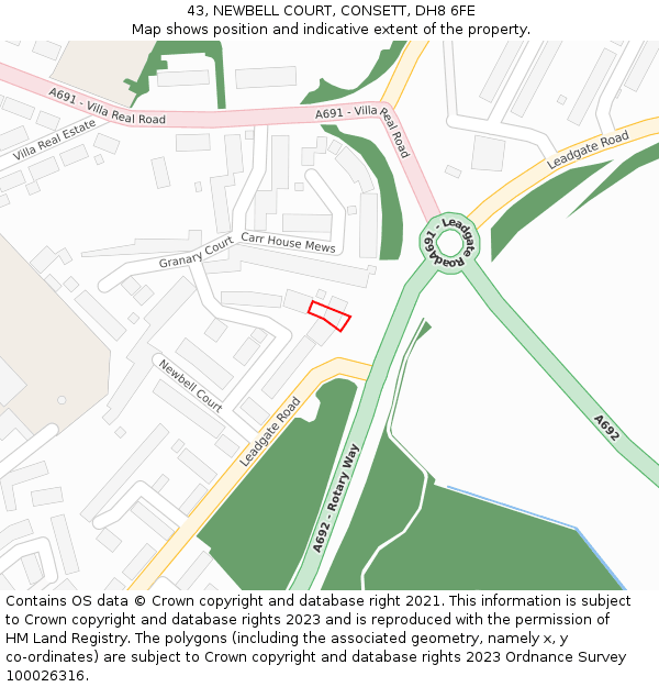 43, NEWBELL COURT, CONSETT, DH8 6FE: Location map and indicative extent of plot