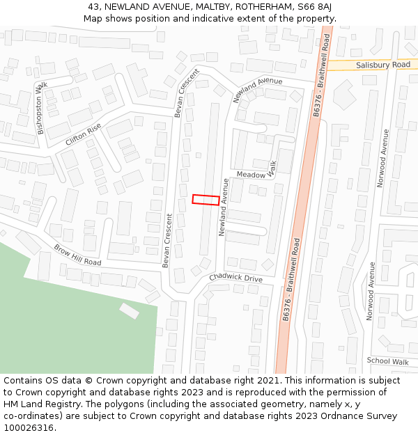 43, NEWLAND AVENUE, MALTBY, ROTHERHAM, S66 8AJ: Location map and indicative extent of plot