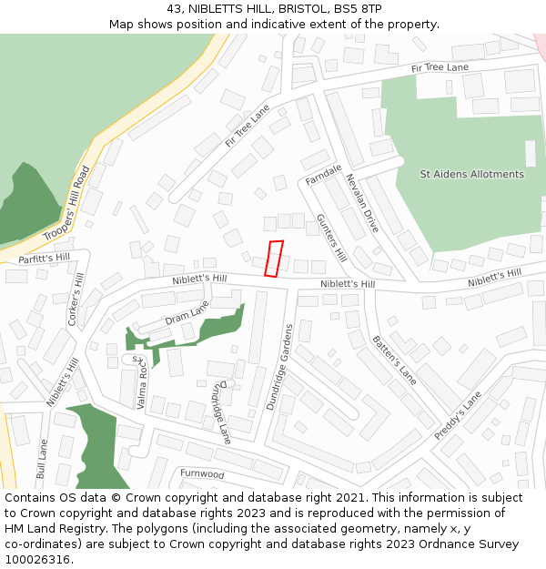 43, NIBLETTS HILL, BRISTOL, BS5 8TP: Location map and indicative extent of plot