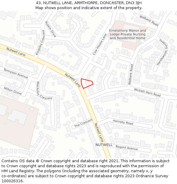 43, NUTWELL LANE, ARMTHORPE, DONCASTER, DN3 3JH: Location map and indicative extent of plot