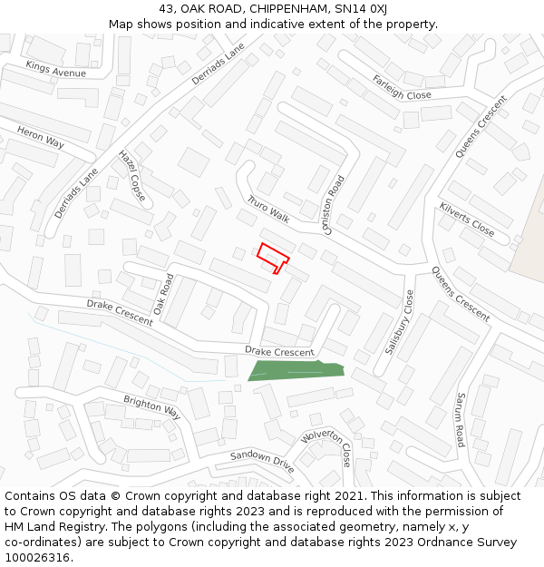 43, OAK ROAD, CHIPPENHAM, SN14 0XJ: Location map and indicative extent of plot