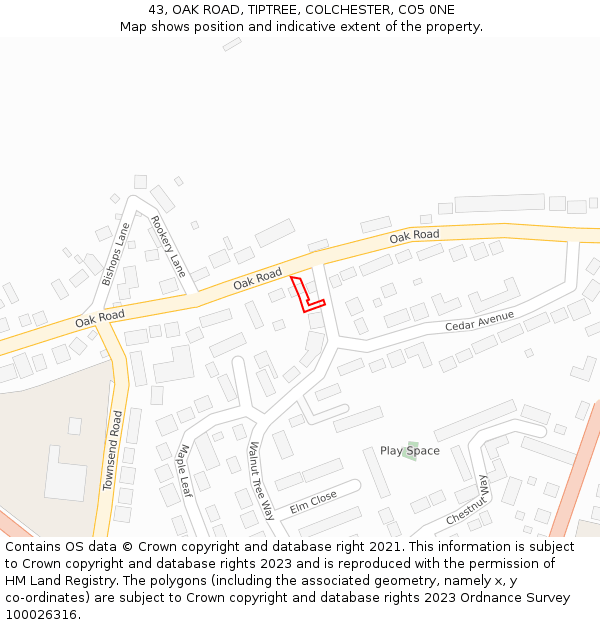 43, OAK ROAD, TIPTREE, COLCHESTER, CO5 0NE: Location map and indicative extent of plot