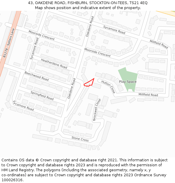 43, OAKDENE ROAD, FISHBURN, STOCKTON-ON-TEES, TS21 4EQ: Location map and indicative extent of plot