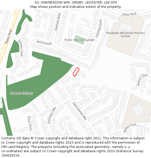 43, OAKMEADOW WAY, GROBY, LEICESTER, LE6 0YN: Location map and indicative extent of plot