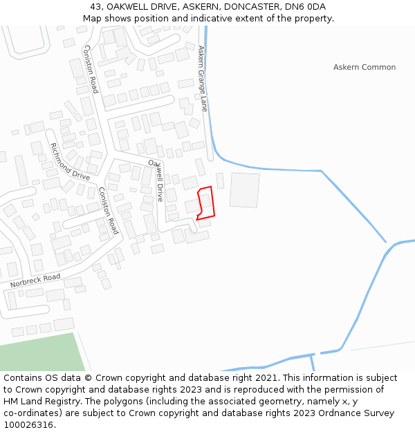 43, OAKWELL DRIVE, ASKERN, DONCASTER, DN6 0DA: Location map and indicative extent of plot