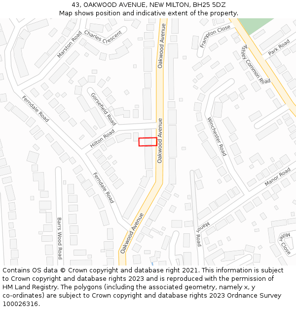 43, OAKWOOD AVENUE, NEW MILTON, BH25 5DZ: Location map and indicative extent of plot