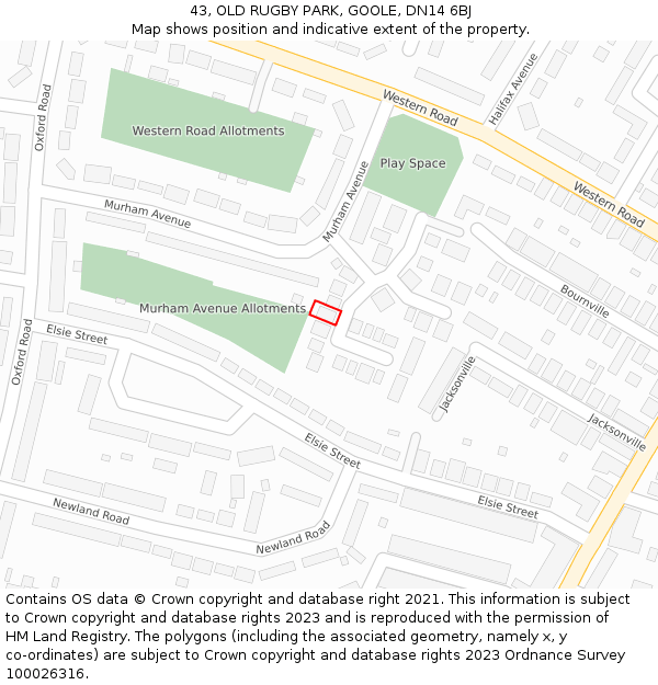 43, OLD RUGBY PARK, GOOLE, DN14 6BJ: Location map and indicative extent of plot