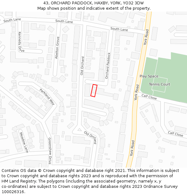 43, ORCHARD PADDOCK, HAXBY, YORK, YO32 3DW: Location map and indicative extent of plot