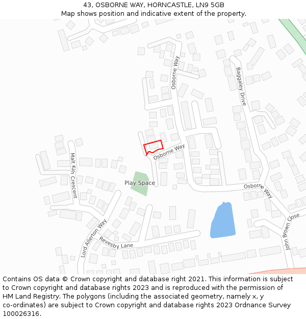 43, OSBORNE WAY, HORNCASTLE, LN9 5GB: Location map and indicative extent of plot