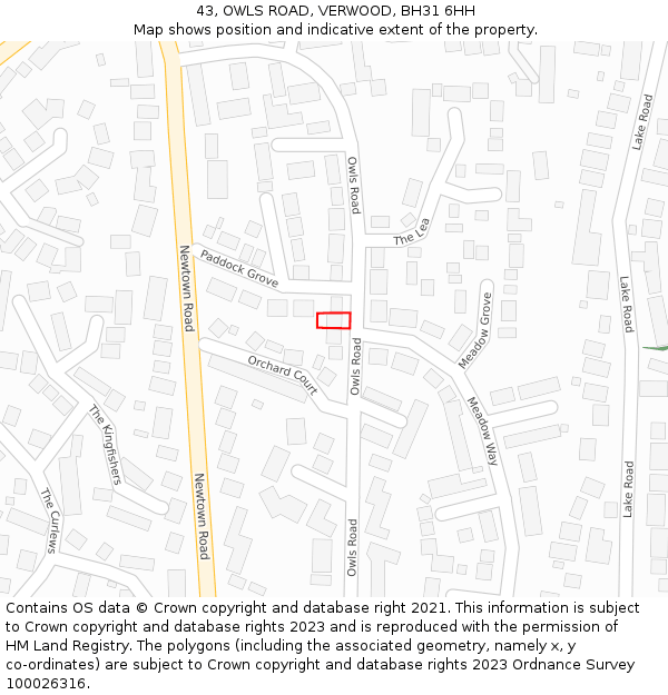 43, OWLS ROAD, VERWOOD, BH31 6HH: Location map and indicative extent of plot