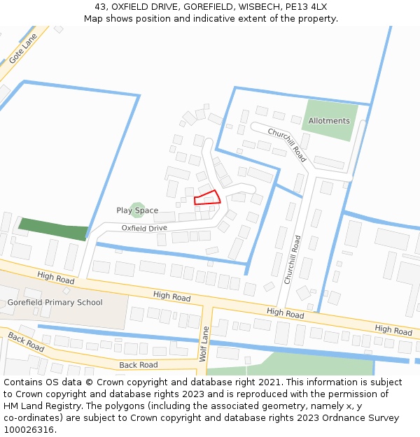 43, OXFIELD DRIVE, GOREFIELD, WISBECH, PE13 4LX: Location map and indicative extent of plot