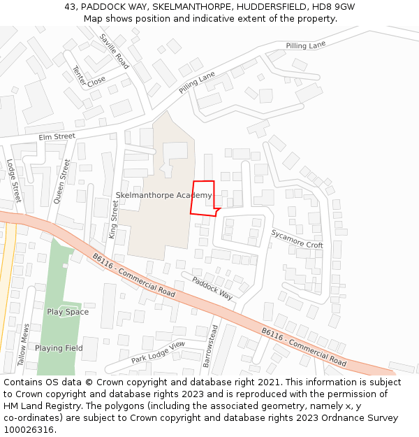 43, PADDOCK WAY, SKELMANTHORPE, HUDDERSFIELD, HD8 9GW: Location map and indicative extent of plot